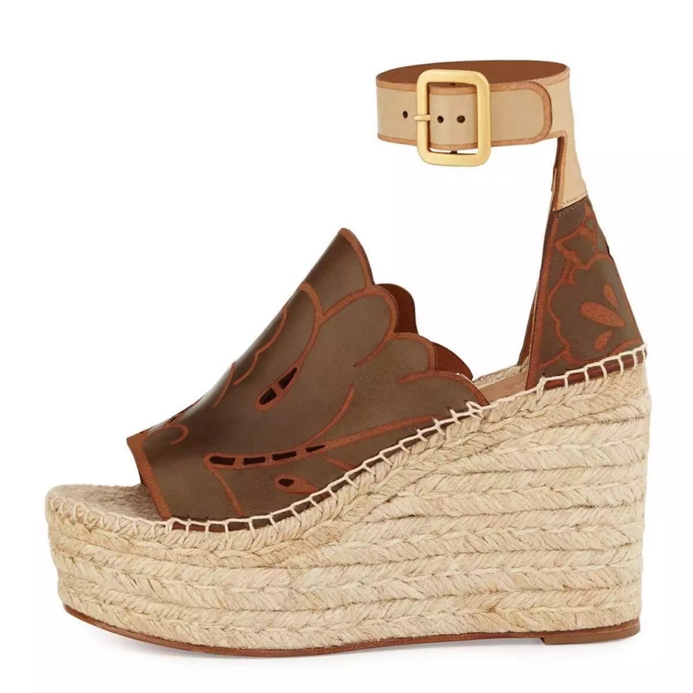 Chloe Tooled Leather Marron Glacé brown espadrille wedge sandal women’s 7